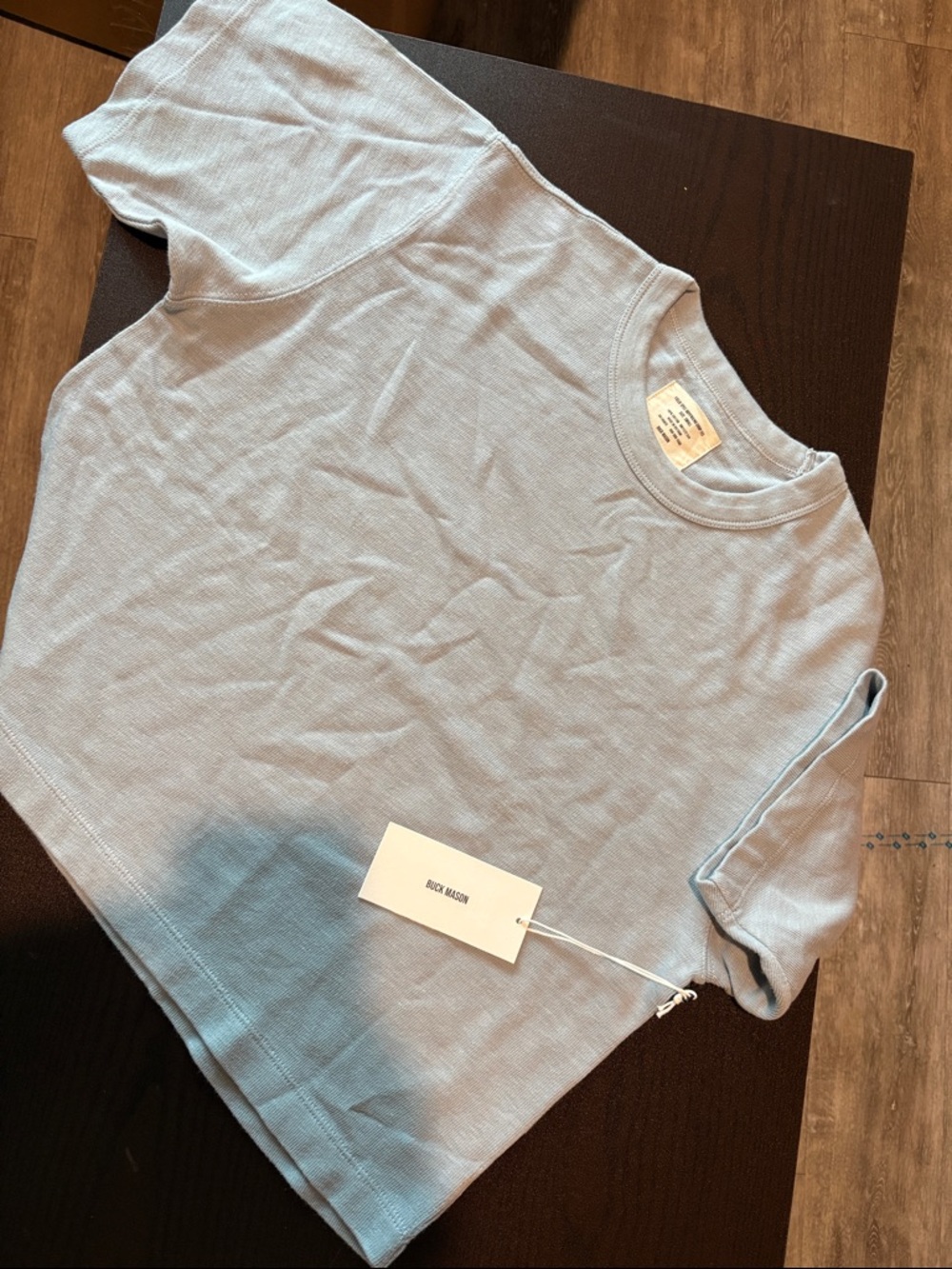 NWT Buck Mason Women’s Small Sky Blue Field Spec Boyfriend Crop Tee Retail $62